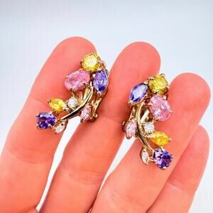Vtg Mid-Century Rhinestone Floral Spray Crystal Clip Earrings Pink Purple Yellow